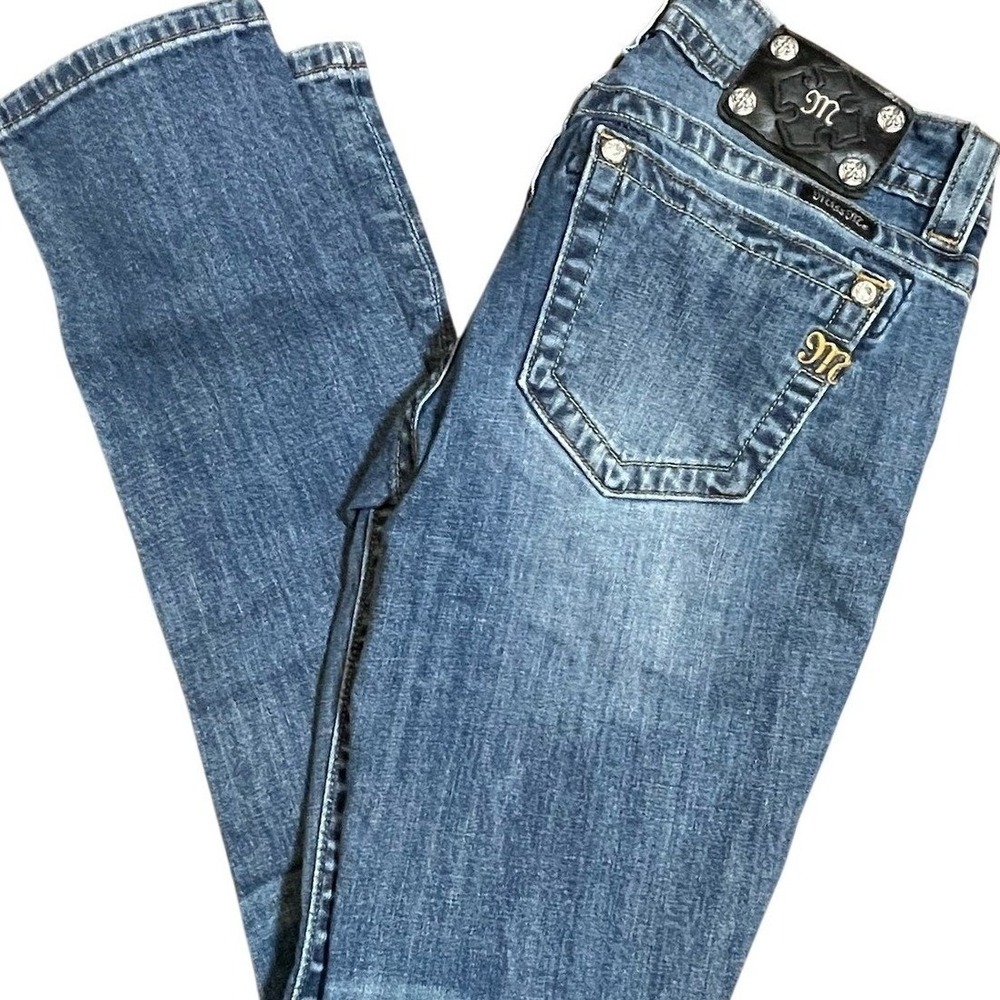 Miss Me Jeans 29 Distressed‎ Straight Leg Rhinestone Fleur-de-Lis Y2K Denim